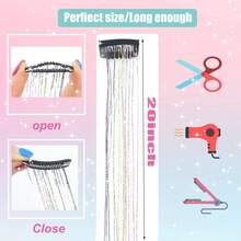 Hair Tinsel 6pcs Shiny Hair Clips, 23.6 Inch Sequin Hair Accessories Clip-In Hair Extensions Set, Heat Resistant Shiny Fairy Hair Clips, Suitable For Women (White, Pink) - White - View 3