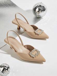 Women's Pointed Toe Slingback Sandals, Breathable Knitted Fabric, Kitten Heel, Comfortable Backstrap Design