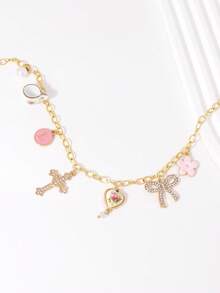 Multi-Element Necklace For Women - Cross, Bow, Letter, Heart, Flower, Faux Pearl Pendant, Suitable For Everyday Wear, Vacation, Date, Party, Festive Gift - Yellow Gold - View 3