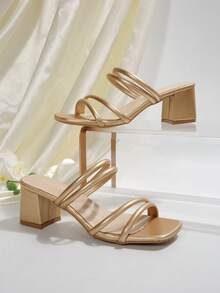 Sandalias de tacón alto con tira gruesa de piel sintética de unicolor, elegante punta cuadrada, estilo minimalista y elegante para oficina, boda y fiesta en verano - Dorado - Ver 6