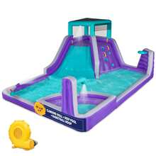 Sunny & Fun Four Corner Inflatable Water Slide Park – Heavy-Duty For Outdoor Fun - Climbing Wall, Slide & Deep Pool – Easy To Set Up & Inflate With Included Air Pump & Carrying Case - Water Slides For Kids Backyard - Purple - View 1