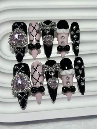 10Pcs Y2K Menhera Handmade Wearable Nails Lolita Sweetheart Skirt Black Pink Fake Nails Cool Spice Cute Bow Love Diamante Tip Nail Art Nail Supplies(1 Sheets Jelly Stickers+1Pc Nail File) Press On Nails