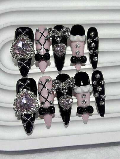 10Pcs Y2K Menhera Handmade Wearable Nails Lolita Sweetheart Skirt Black Pink Fake Nails Cool Spice Cute Bow Love Diamante Tip Nail Art Nail Supplies(1 Sheets Jelly Stickers+1Pc Nail File) Press On Nails