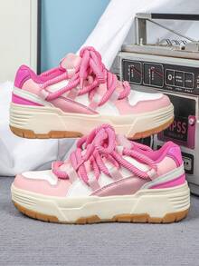 时尚白色和粉色多巴胺符号厚系带厚底运动鞋，男士休闲厚底运动鞋，适合日常穿着、派对穿着、返校季穿着、节日穿着