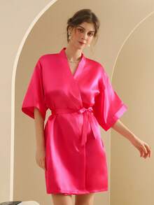 Women's Silk Nightgown Wedding Dressing Robe Lightweight Cardigan Robe Bridal Morning Robe Friend's Robe, Suitable For Home And Hotel Wear. - Hot Pink - View 2