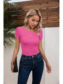 Womens Fashion Fall Cutout Long Sleeve Ribbed Slim Fitted Tops Shirts Tee Tshirts - 短粉紅色 - 查看 8