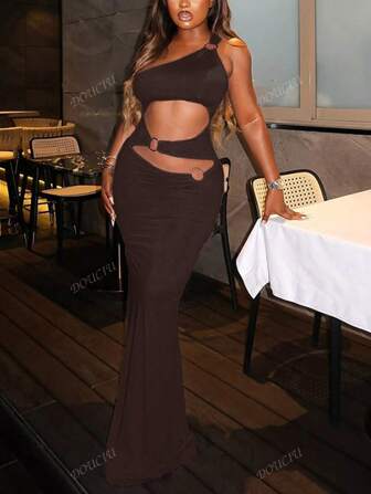 Street Style Hollow Iron Ring Backless Solid Color Slip Dress