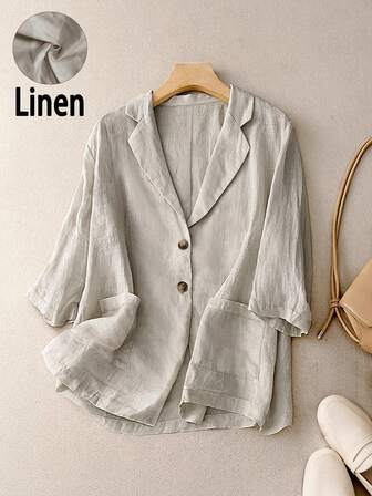 Plus Size Women's Summer Casual Linen Loose Fit Three-Quarter Sleeve Suit Jacket With Big Pockets