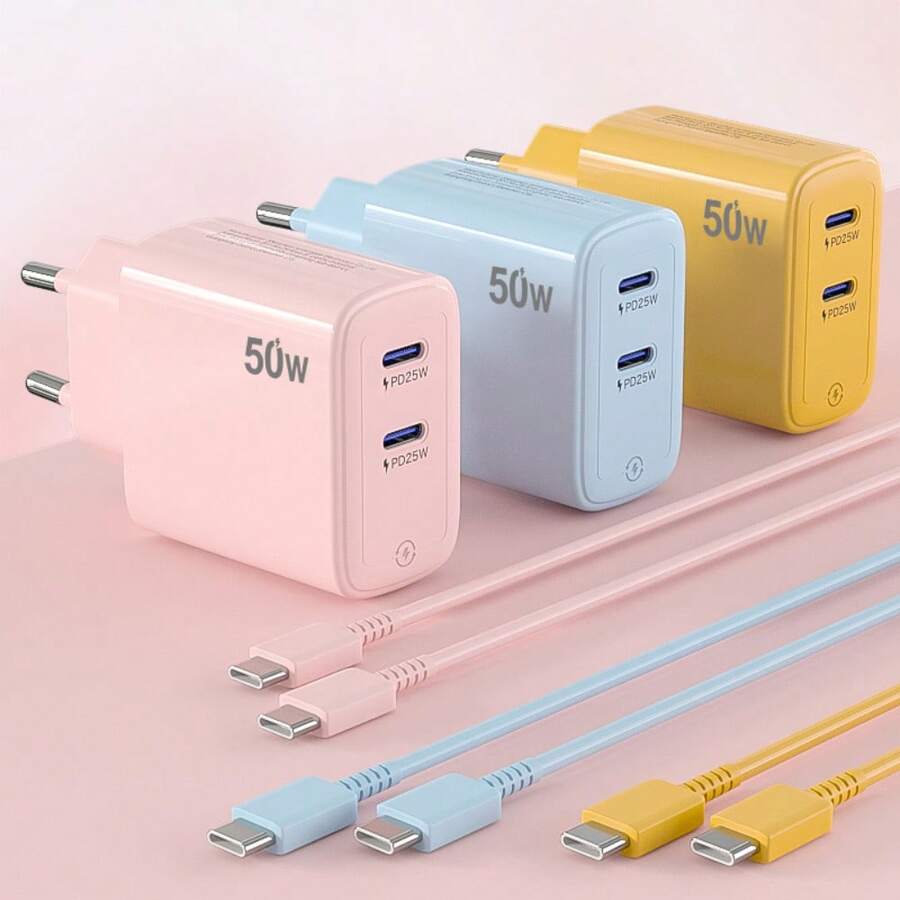 50W Dual Port USB-C Charger, With GAN PD3.0 Fast Charging Adapter And 1M Data Cable, Compatible With Macbook Pro/Air M1/M2, XPS 15/16, Compatible With IPad Pro/Air, Pixel, Galaxy S23 Ultra/Plus - EU Plug