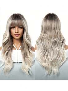 26 英寸深根渐变银灰色长波浪合成耐热假发，带刘海，浪漫美丽的女孩角色扮演假发，适合度假、家庭聚会、服装和日常穿着 - 漸層 - 查看 12