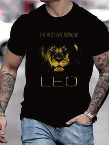 Men's Black Cotton T-Shirt With Golden Lion Graphic – "The Best Are Born As Leo" Print,  Round Neck Short-Sleeve Tee For Summer, Perfect For Zodiac Enthusiasts And Streetwear Fashion, Summer Casual Wear | Bold Lion Print | Cotton Comfort, Lion T Shirt - 黑色 - 查看 1