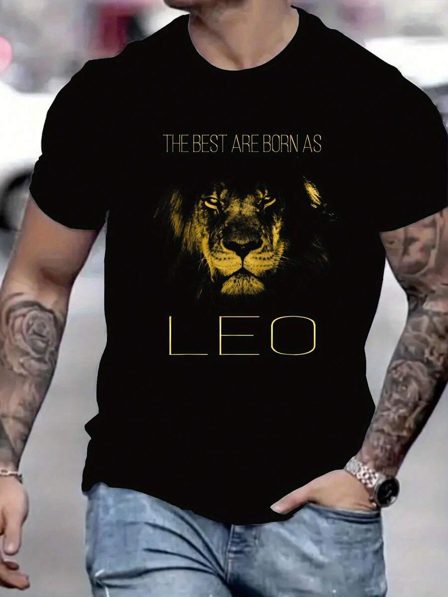 Men's Black Cotton T-Shirt With Golden Lion Graphic – "The Best Are Born As Leo" Print, Round Neck Short-Sleeve Tee For Summer, Perfect For Zodiac Enthusiasts And Streetwear Fashion, Summer Casual Wear | Bold Lion Print | Cotton Comfort, Lion T Shirt - 黑色 - 查看 1