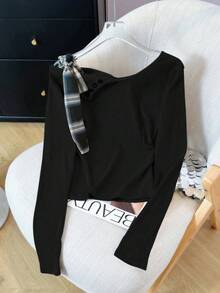 不对称蝴蝶结露肩针织毛衣，女式修身长袖上衣 - 黑色 - 查看 6