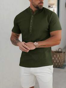 Men's Waffle Henley Shirts Short Sleeve T-Shirt Stylish Casual 5 Button Placket Slim Fit Tee - 綠色 - 查看 2