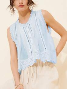 Women Boho Floral Eyelet Button Down Tank Tops Vintage Embroidery Solid Color Ruffle Sleeveless Scalloped Hem Loose Fit Vest Crop Tops Summer Casual Cropped Shirts Going Out Tops Beach Vacation Streetwear - 藍色 - 查看 1