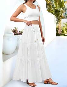 SC-SkirtWomen'sMaxiStA-LineFlowyRuffleTieredElastichWaistBeachLongStswithPocketsblack Skirt Skirt