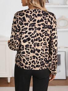 Áo cánh tay bồng dài tay họa tiết da báo cổ chữ V thanh lịch kiểu Pháp cho nữ, đi làm thường ngày, thắt eo, dáng rộng, mùa xuân và mùa thu - Nhiều màu - Xem 2