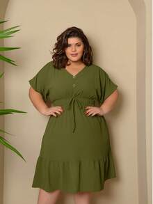 Batwing Dress Plus Size Midi Short Sleeve Duna Fabric Size U/G1 From 44 To 50 With Front Buttons Fashion Elegant Simple Casual Elegant Party Ruffle Hem Buttons On The Front Knot Wedding - 軍綠色 - 查看 2