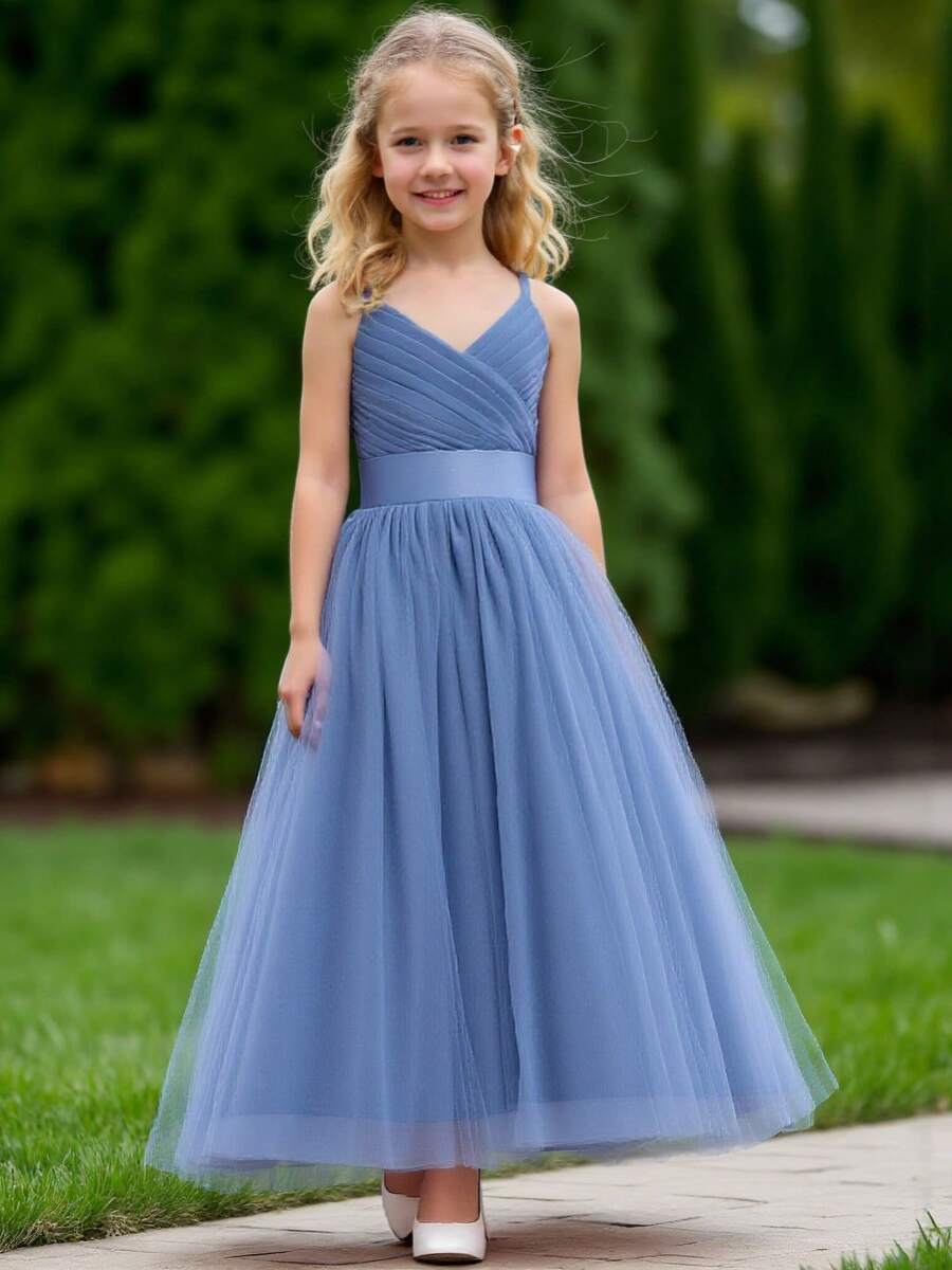 Flower Girls Spaghetti Strap Tulle Dress Long A Line Wedding Pageant Dresses Princess Birthday Party Ball Gown