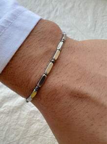 Bracciale da uomo in acciaio dal colore cilindrico, design con perline tonde da 3mm, realizzato con accuratamente selezionato agata nera, con una sensazione di forte e durevole