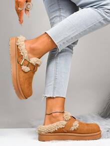 Botas de nieve gruesas y cálidas para mujer en otoño/invierno, Pantuflas cómodas y de moda casual con puntera cerrada/hebilla para mujer, Pantuflas cálidas para interiores