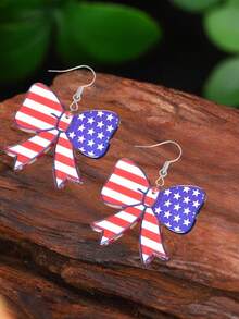 1 Pair 2D Acrylic Flag Design Bowknot Combination Long Earrings, Suitable For Women & Couples, Independence Day Gift, Suitable For Celebrations & Parties - A Pair - View 9