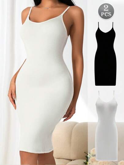 2 PIEZAS Falda de tirantes unicolor y simple para mujer, vestido sexy de cadera y rodilla, un solo pieza para mujeres (forma micro)