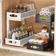 Organizador de cocina bajo el armario, altura ajustable, extensible, estante extraíble de 2 niveles para fregadero, almacenamiento bajo el fregadero para armarios de cocina, blanco