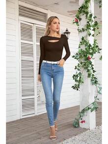 Womens Fashion Fall Cutout Long Sleeve Ribbed Slim Fitted Tops Shirts Tee Tshirts - 長咖啡 - 查看 6