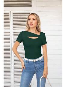 Womens Fashion Fall Cutout Long Sleeve Ribbed Slim Fitted Tops Shirts Tee Tshirts - Short-dark Green - View 6