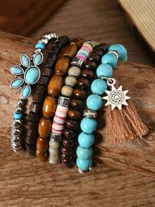 42 Pcs Mixed Vintage Style Multilayer Synthetic Turquoise & Wooden Beaded Bracelet Set With Butterfly/Heart/Hat Charms - Handmade Friendship Bracelet For Men Women - 棕綠色 - 查看 4
