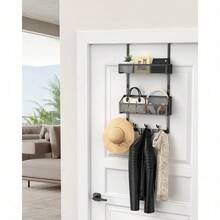 Over The Door Hooks Organizer, Waterproof Hanger Towel Rack With 7 Hooks And 2 Mesh Baskets, Over Door Organizer For Barthroom Kitchen (Black) - Black - View 2