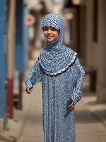 5-13 Years Old Muslim Girls' Abaya Dress (Multiple Colors Available), Traditional Arabic Style Habaya, New Fashionable Muslim Girls' Outfit, Breathable Loose Pink Floral Design With Headscarf (Multiple Colors Available)