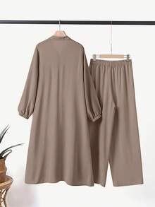 2pcs Abaya Set: Long Sleeve Shirt Top And Wide Leg Pants, Elegant And Comfortable For Home And Daily Wear - Rusty Rose - View 2