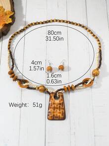 2件套波西米亚风格复古木质长链项链，欧美时尚 - 棕色 - 查看 9