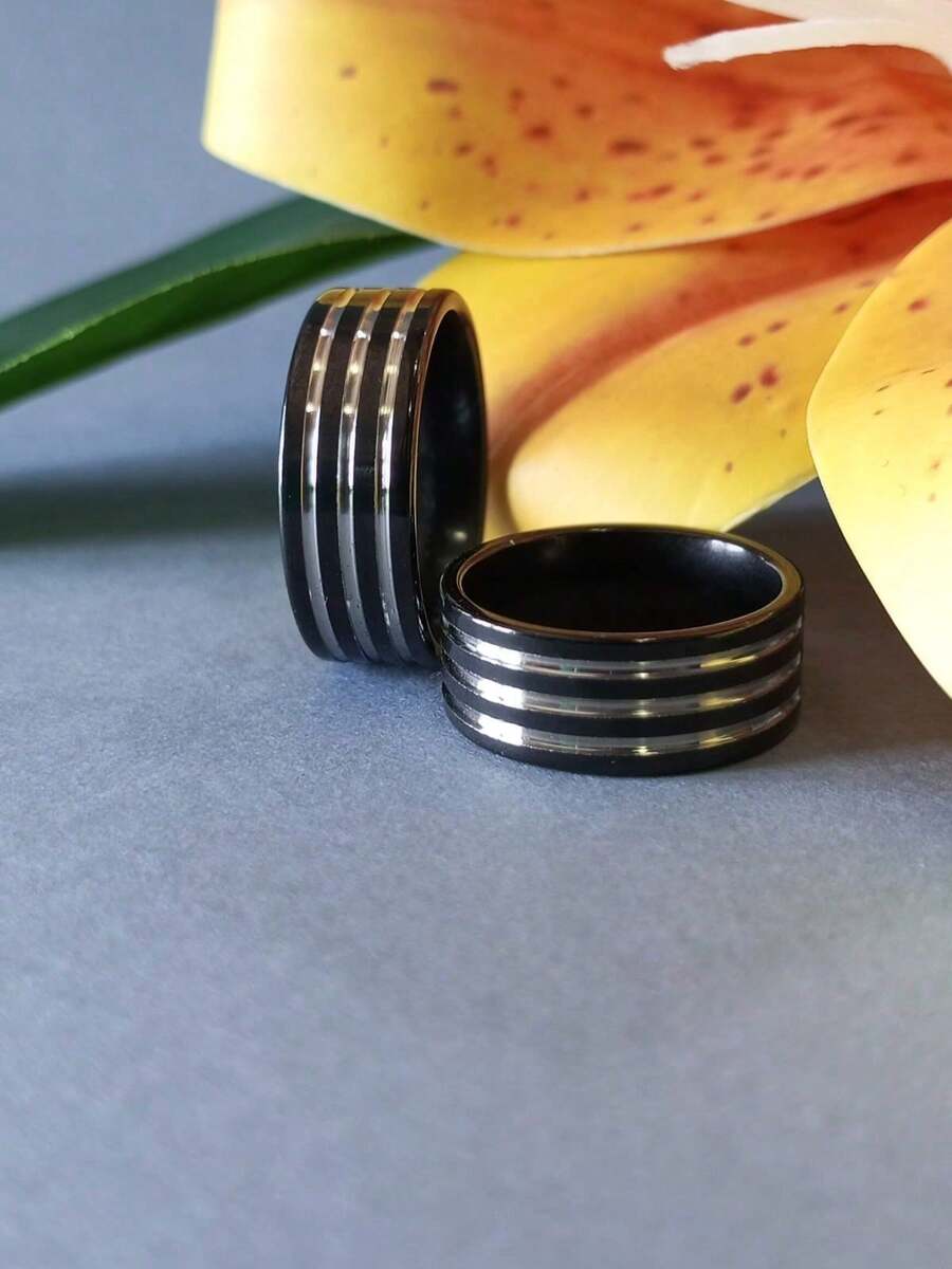8mm Black Straight Wedding Ring With 3 Anatomical Silver Strips UNIT - màu đen - Xem 1