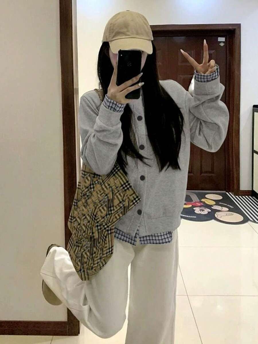 美式灰色女式运动衫夹克,新款二合一棒球服上衣,秋冬 - 灰色 - 查看 1