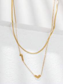 1 件简约休闲双层项链，带心形标签“LOVE”长毛衣链，女士日常服装配饰