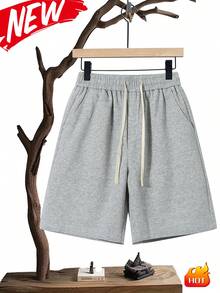 Unisex Casual Shorts, 300g Heavyweight Knitted Shorts, Skin-Friendly, Soft And Breathable Fabric, Drawstring Shorts, Elastic Waist Shorts, Suitable For Running And Sports, Suitable For Wearing At Home And Out, Knitted Shorts - Grey - View 1