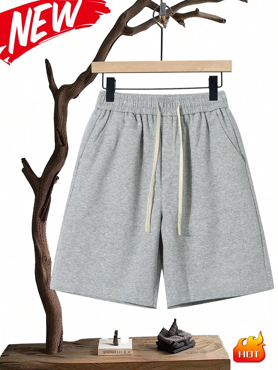Unisex Casual Shorts, 300g Heavyweight Knitted Shorts, Skin-Friendly, Soft And Breathable Fabric, Drawstring Shorts, Elastic Waist Shorts, Suitable For Running And Sports, Suitable For Wearing At Home And Out, Knitted Shorts - Grey - View 1
