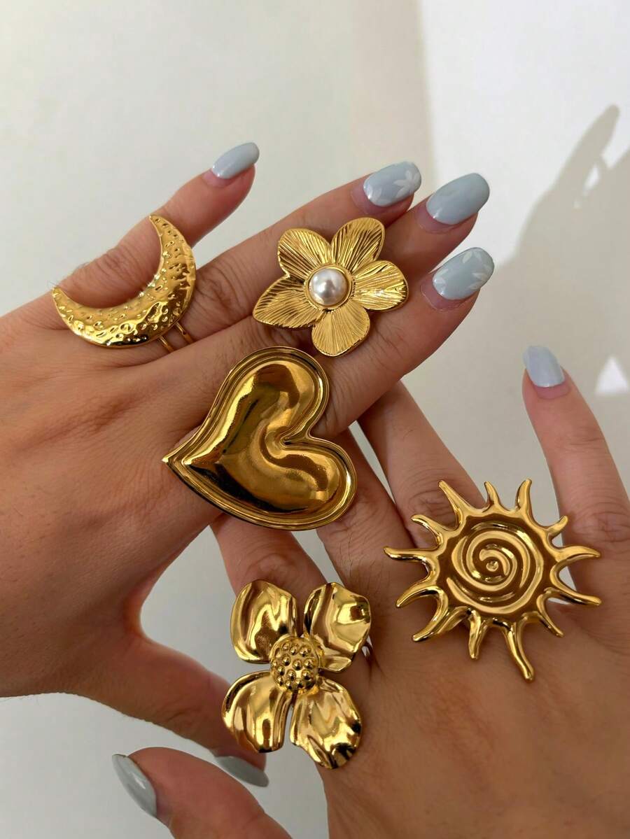 Monlansher New Stainless Steel Open Finger Rings For Women, Exaggerated Metallic Floral, Heart, Moon, Sun Flower & Mixed Elements Fashion Ring, Personalized , Suitable For Daily, Casual, Party, Single Or Stacked Wear - 金色 - 查看 1