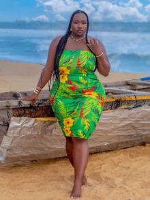 CurvyTilda 夏季加大码热带印花露肩连衣裙、沙滩裙、太阳裙、波西米亚风度假装 - 彩色 - 查看 5