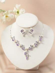 Conjunto de 3 piezas de aretes y collar de novia vintage con incrustaciones de con diseño de flor de ciruelo