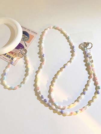 Sangle de téléphone à double boucle, bracelet tour de poignet, chaîne bandoulière pour téléphone, tour de cou universel pour téléphone - Accessoires de rentrée scolaire aux couleurs pastel avec perles en diamant