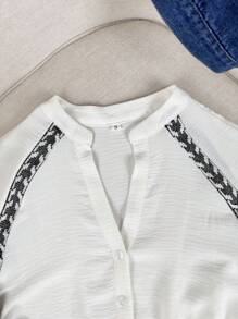 Camisa de manga comprida com estampa geométrica casual estilo francês para férias, início do outono