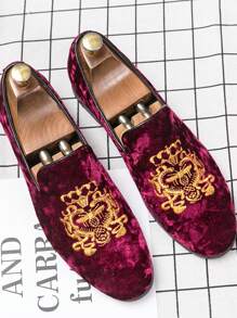 男士红色乐福鞋刺绣复古牛津一脚蹬平底正装鞋、驾车鞋、婚鞋 - 紅色 - 查看 3