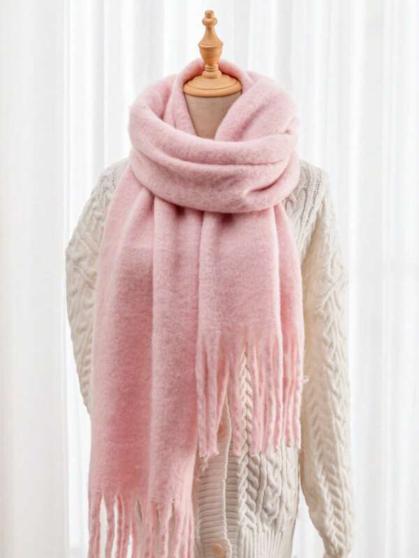 1pc Solid Color Long Tassel Scarf, Warm Neck Wrap, Thick Knitted Shawl With Tassels, Wearable For Winter