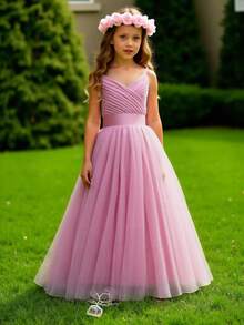 Flower Girls Spaghetti Strap Tulle Dress Long A Line Wedding Pageant Dresses Princess Birthday Party Ball Gown