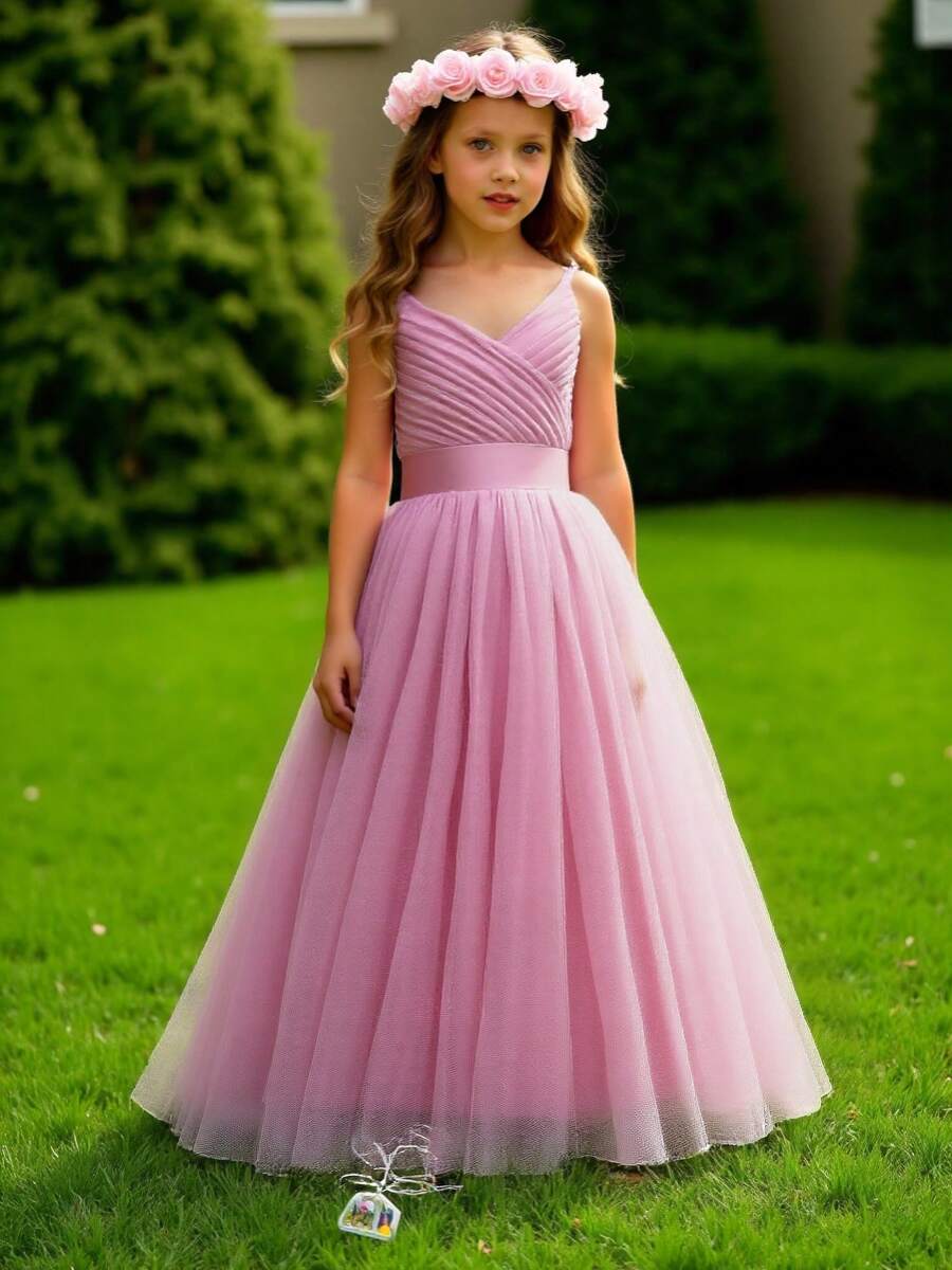 Flower Girls Spaghetti Strap Tulle Dress Long A Line Wedding Pageant Dresses Princess Birthday Party Ball Gown