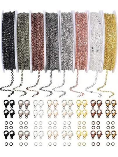 1 Roll Of 3 Meters Chain Kit, Includes Connector Rings, Lobster Clasps, And Split Rings, Suitable For Making Bracelets, Earrings, And Necklaces. 2mm Wide Chain, Jewelry Making Supplies. 8 Color Options: Gold, Silver, White Gold, Gold, Rose Gold, Gun Black, Black, Bronze, Antique Bronze. Stainless Steel Plated Chains (Random Packaging), Suitable For DIY Jewelry Making. (Color Deviation May Exist)